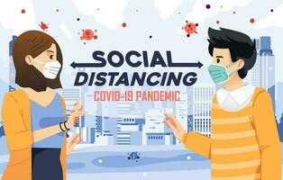 illustration of social distancing to avoid the contagious of covid-19 with city background vector