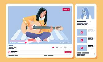 joven niña jugando guitarra mientras canto en vídeo contenido en vídeo compartiendo chanel en escritorio ver vector ilustración