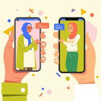 Girl and woman smartphone social media apologizing ramadhan greeting vector