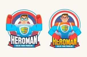 conjunto de dos héroe logo mascota, Hombre heroe vistiendo héroe traje y máscara con dos diferente actitud y tipografía vector