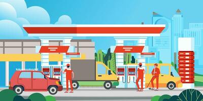 Gas station with shop in city background people refueling cars man in uniform fueling car at petrol station vector