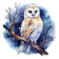 Watercolor magical owl sitting on a tree branch for T-shirt Design. AI Generated photo