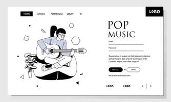 landing page template image vector illustration of women sitting on the bean bag and playing guitar in line art style image