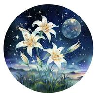 Watercolor fairy lilies blooming under a starry night sky on a white background. AI Generated photo