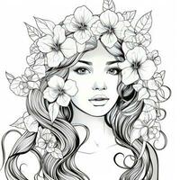 A girl on a coloring book page with Jasmine flowers. AI Generated photo