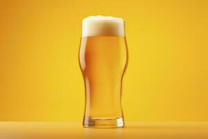 Beer glass with full beer isolated with a yellow background. AI Generated photo