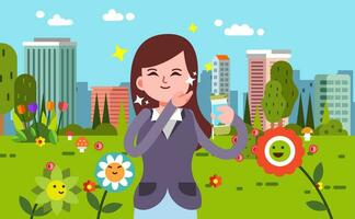 happy women with her glowing skin take a selfie in park illustration vector