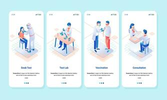 isometric landing page illustration for laboratory swab testing, vaccine administration and testing and health consultations vector