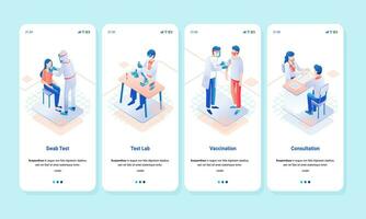 isometric landing page illustration for laboratory swab testing, vaccine administration and testing and health consultations vector