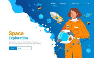 Landing page banner web template space exploration woman cosmonaut astronout wear spacesuit character spaceship planet vector