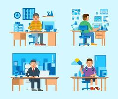 set isometric illustration of some man character working on desk with computer, laptop and other stuff vector