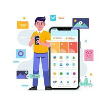 Young man standing beside phone screen with display of e commerce application and payment with various features GUI UI templates vector