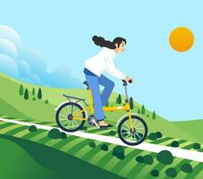 Girl ride by bicycle in park outdoor nature hills meadow countryside. Summer scenery landscape with trees and leaves vector