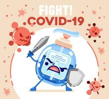 hand sanitizer character bring sword and shield to figth corona virus vector illustration