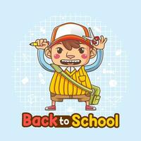 back to school banner or poster with little boy bring bag, pencil and scissor with flat cute style vector illustration