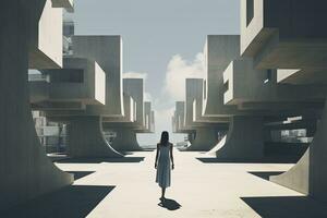 mujer caminando en futurista brutalista ciudad calle. ai generado. foto