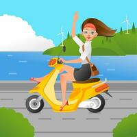 Girls Riding Scooter in seafront with the wind blow her hair vector illustration