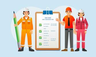 Group construction  worker with check marked checklist on clipboard Successful completion of progress tasks Flat vector illustration