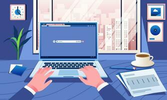 Business hands typing on laptop keyboard , coffee and document on table. browser on screen. Office desk concept. city landscape on window view vector
