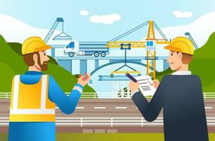 highway construction site check by field supervisor and manager vector illustration