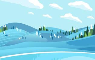 frozen lake and hill with trees in the winter time covered by snow flat vector illustration