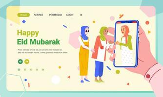 Woman Ramadhan greeting video call forgive each other via smartphone landing page banner vector