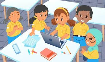 Diversity culture girls and boys are interested and excited to do assignments with laptops in the classroom vector