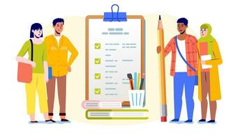 Group college student with giant pencil near pencil marked checklist on clipboard paper Successful completion study tasks Flat vector illustration