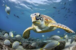 Turtle closeup with school of fish. AI Generated photo