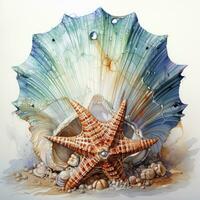Watercolor Seashell clipart on white background. AI Generated photo