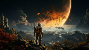 An astronaut landed on the surface of a distant alien planet, an astronaut in a spacesuit explores space photo