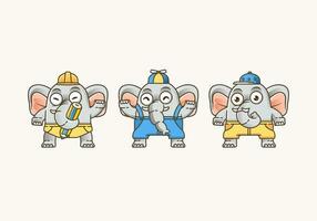 linda pequeño elefante conjunto con diferente ropa y actitud para mascota y logo vector