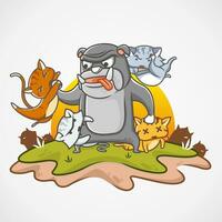 kitten and bulldog get fighting in terrain, one kitten is passed out and three kitten still fight with the bulldog vector illustration