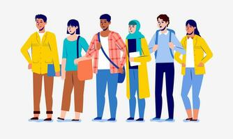 group of diversity young college students standing wearing various casual outfit vector