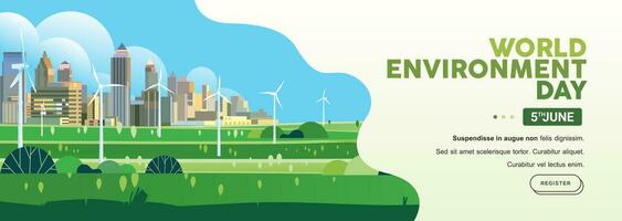 Wind Turbine In Green Eco city Background Alternative renewable Energy Source Technology banner template web vector