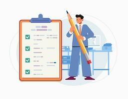 Business man with giant pen near marked checklist on clipboard paper Successful completion of business tasks office Flat vector illustration