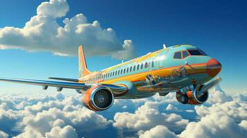 brillante dibujos animados 3d avión moscas en el cielo con nubes, vacaciones y viaje concepto foto