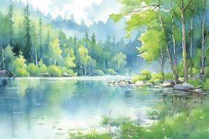 The serenity of a secluded forest lake.AI Generated photo