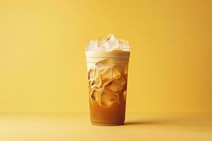 Iced Latte on yellow background. AI Generated photo