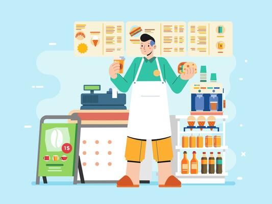 Young man character as a barista in apron holding cup and a fast food  in the coffee stall shop counter