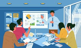 young man giving business presentation in the office meeting, people discuss about the presentation flat vector illustration