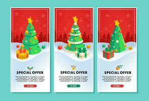 christmas sale flyer or banner vector illustration with christmas tree and gift isometric illustration