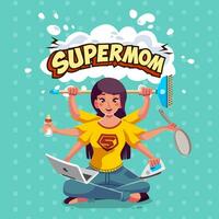 supermom mother with many arm doing many house  work-multitasking mom banner vector