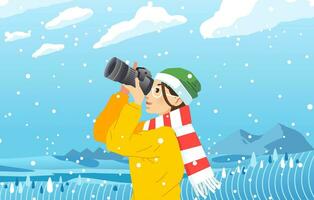 young women taking a photo with camera in the middle of snowfall flat vector illustration