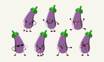 collection of cute eggplant character mascot illustration with different pose and facial expression vector