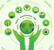 Hands raise globe world consumption with around icons Alternative Energy sources for renewable, sustainable development. conservation concept vector