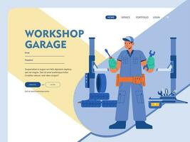 Car tire service web banner or landing page. Worker changing a tire of a car. Camber and alignment diagnostic. Mechanic changing a vehicle's tires vector