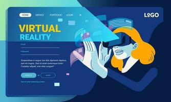 virtual realidad sitio web bandera ilustración de mujer utilizando virtual realidad lentes explorador virtual aplicaciones vector