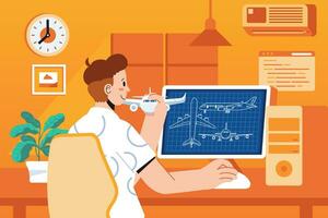 Man Work at home workplace flat style vector illustration. Online career profession as develop airplane design designer hold airplane model