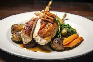 Plated chicken roast dinner on a white plate with carrot and morel mushroom. AI Generated. photo